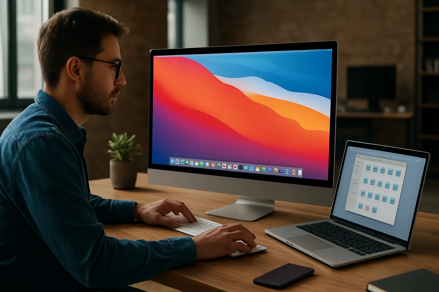 A man working on a desktop computer with a vibrant screen and a laptop.