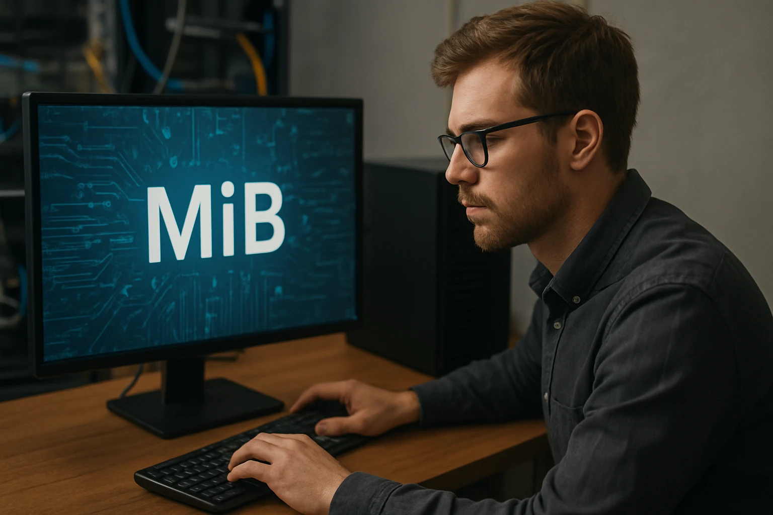 A man working intently at a computer displaying the text 'MiB' on the screen.