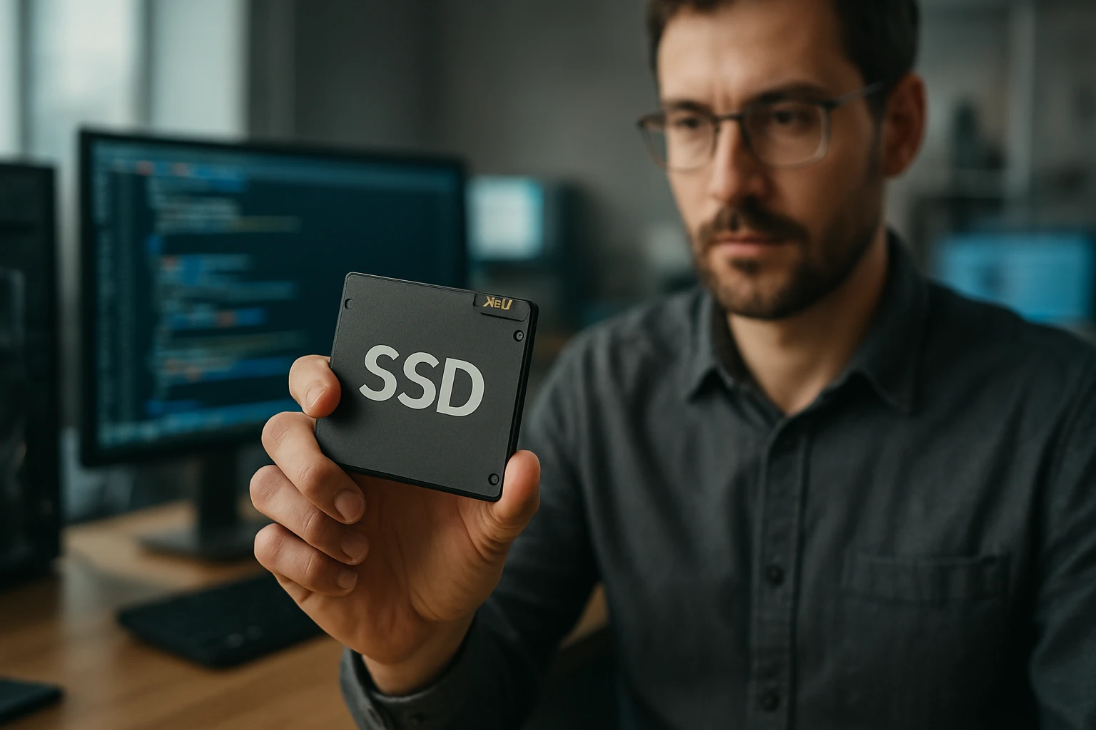 A man holds an SSD drive in front of a computer screen displaying code.